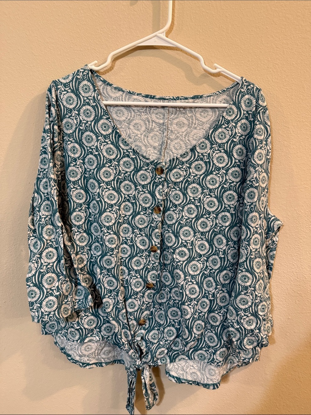 LOFT Teal and White Button-Front Tie-Hem Blouse